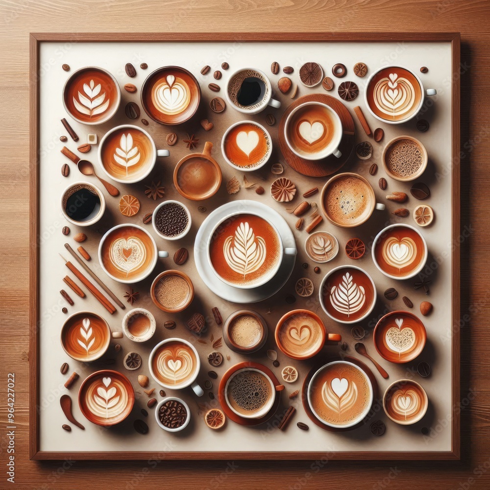 A visually appealing collection of various coffee cups featuring intricate latte art designs, including hearts and leaves. Each cup is meticulously arranged on a wooden surface, creating a cozy and A visually appealing collection of various coffee cups featuring intricate latte art designs, including hearts and leaves. Each cup is meticulously arranged on a wooden surface, creating a cozy and