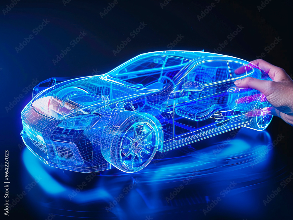 Car visualization with augmented reality Transparent car in studio drawing in blue colors, blueprint glowing neon hologram futuristic show technology security for premium product business finance Car visualization with augmented reality Transparent car in studio drawing in blue colors, blueprint glowing neon hologram futuristic show technology security for premium product business finance
