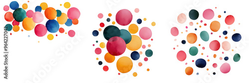 Colorful abstract spheres cluster in three different compositions, creating a vibrant and energetic visual effect on a white background.