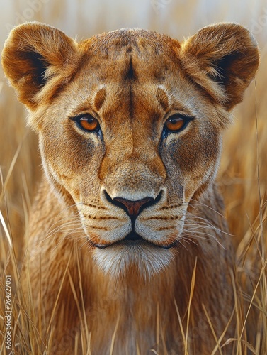 Portrait of lioness looking through tall grass photo