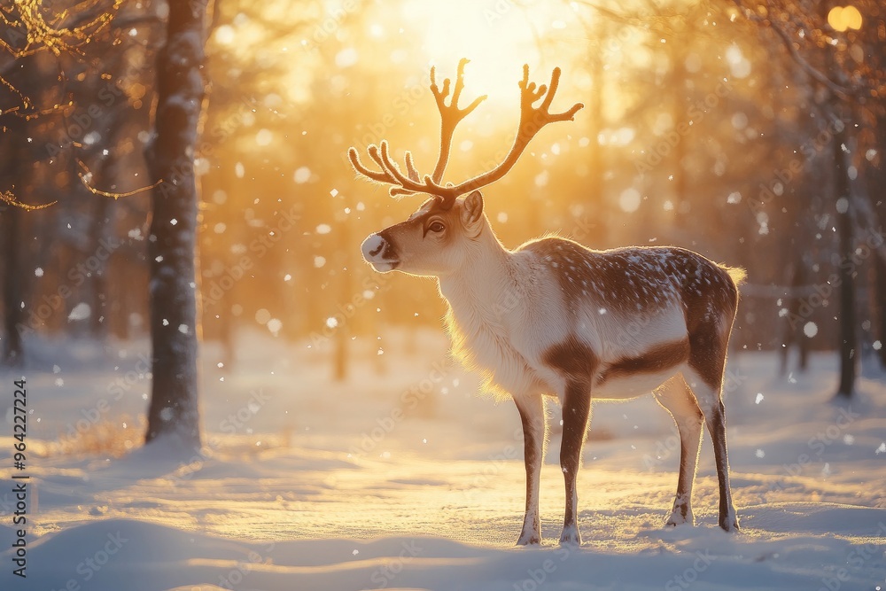 Reindeer standing in snowy forest at sunset Reindeer standing in snowy forest at sunset