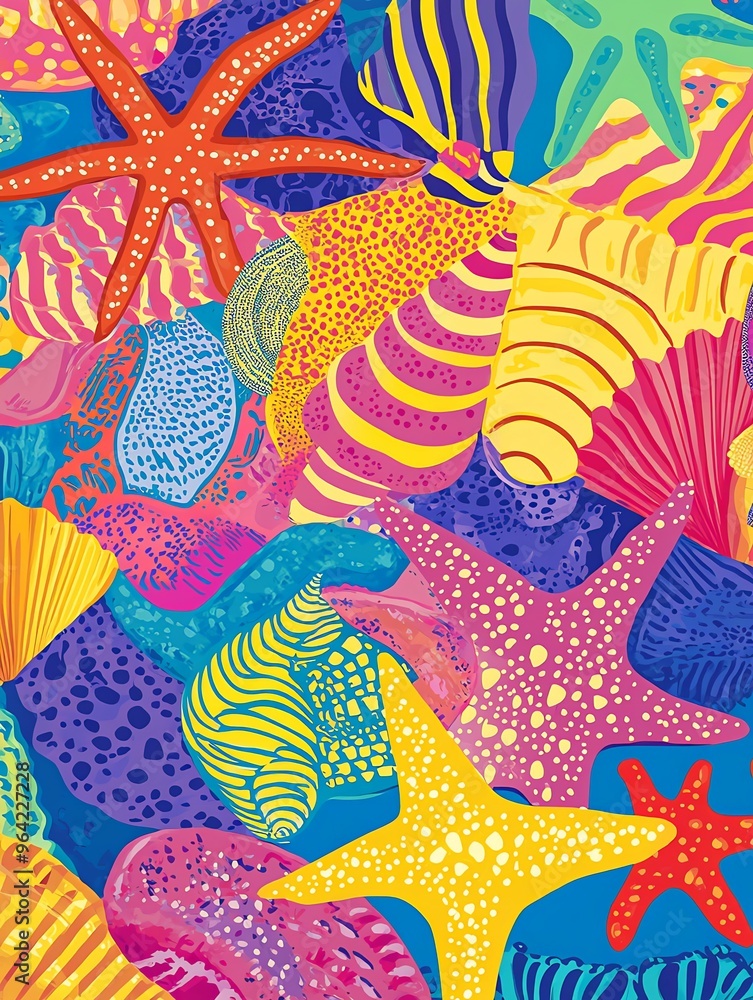 Fototapeta premium Colorful Beach Party Poster Flyer Design Background with Sea Shells, Sea Stars, Sand and Water Featuring Vibrant Summer Elements, Fun, and Relaxation