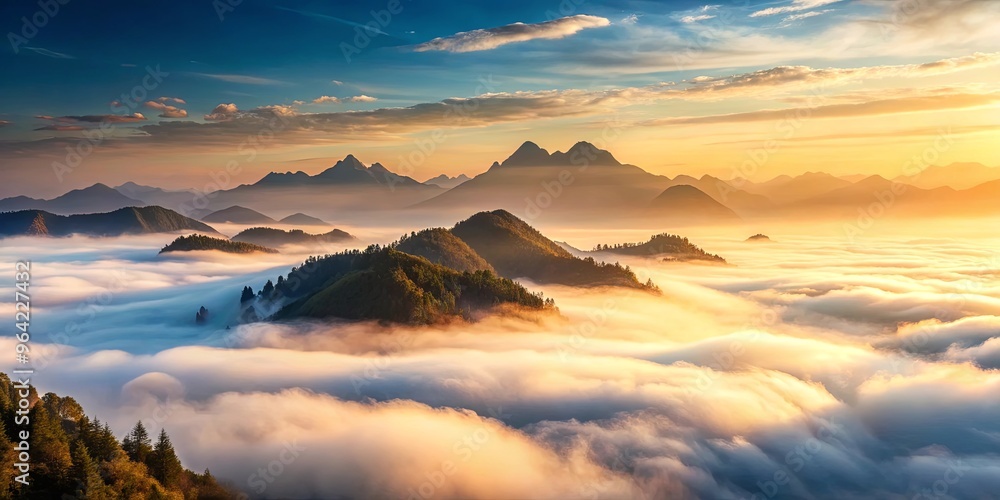 Majestic mountains covered in fog during soft noon light