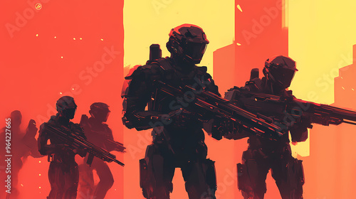 A squad of future soldiers in sleek, metallic exoskeletons, ready for a mission in a dystopian world. dystopian. illustration. Dystopian Future. Illustration