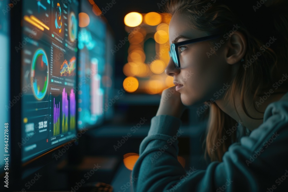 Woman analyzing data on multiple screens in a dimly lit control room Woman analyzing data on multiple screens in a dimly lit control room