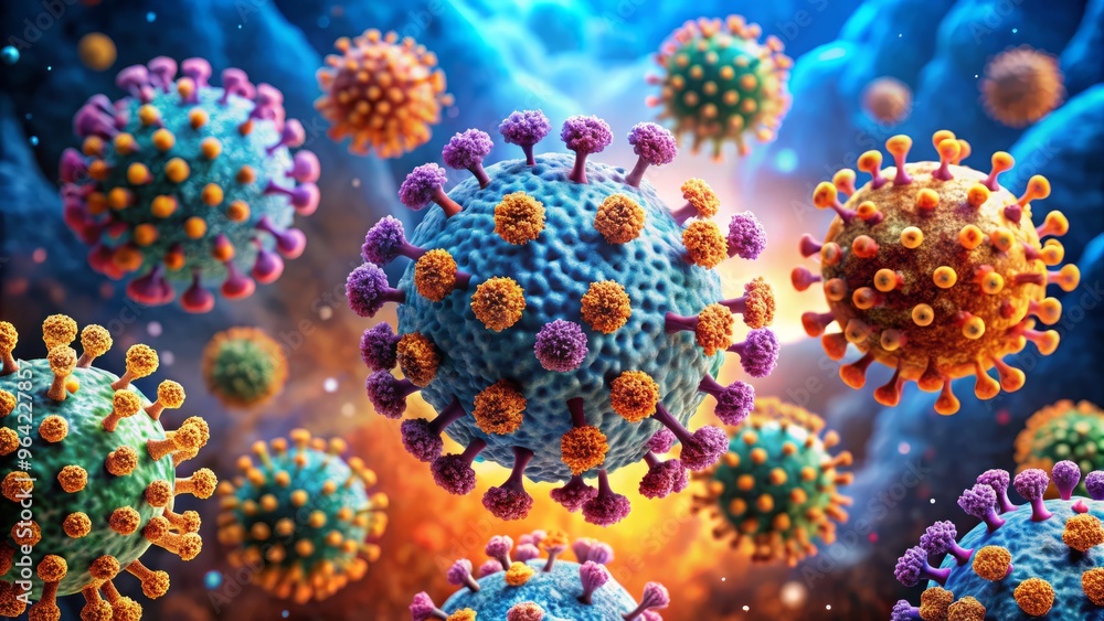 A highly detailed, scientific illustration of vaccine-induced humoral immunity, showcasing the binding of antibodies to viral epitopes, with a striking, high-contrast color scheme and a subtle A highly detailed, scientific illustration of vaccine-induced humoral immunity, showcasing the binding of antibodies to viral epitopes, with a striking, high-contrast color scheme and a subtle