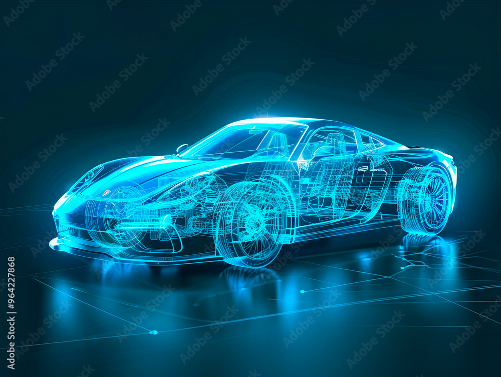 Car visualization with augmented reality Transparent car in studio drawing in blue colors, blueprint glowing neon hologram futuristic show technology security for premium product business finance Car visualization with augmented reality Transparent car in studio drawing in blue colors, blueprint glowing neon hologram futuristic show technology security for premium product business finance