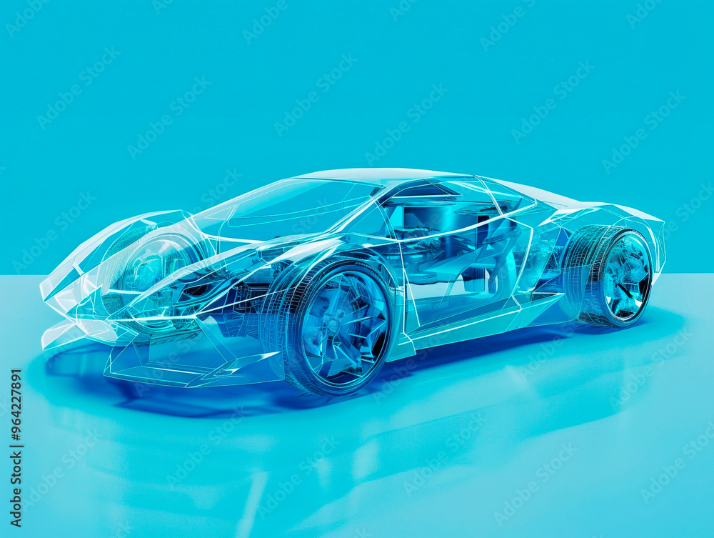 Car visualization with augmented reality Transparent car in studio drawing in blue colors, blueprint glowing neon hologram futuristic show technology security for premium product business finance Car visualization with augmented reality Transparent car in studio drawing in blue colors, blueprint glowing neon hologram futuristic show technology security for premium product business finance