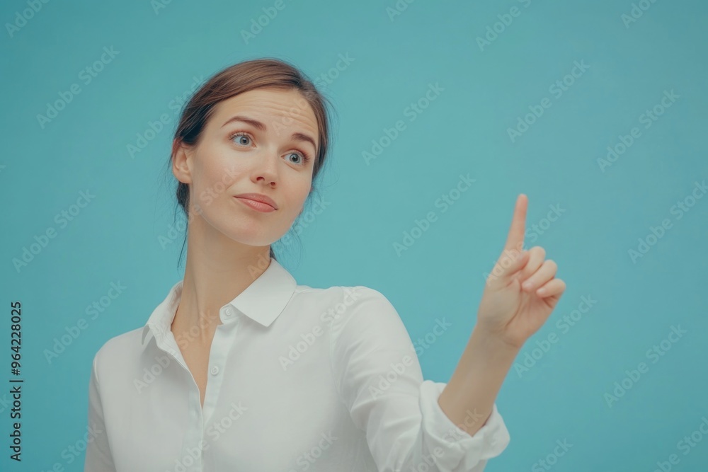 A woman is pointing at something with her finger. She is wearing a white shirt and has a serious expression on her face A woman is pointing at something with her finger. She is wearing a white shirt and has a serious expression on her face