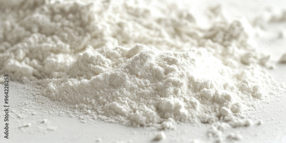 A white powdery substance is spread out on a white surface. The powder is white and he is flour A white powdery substance is spread out on a white surface. The powder is white and he is flour