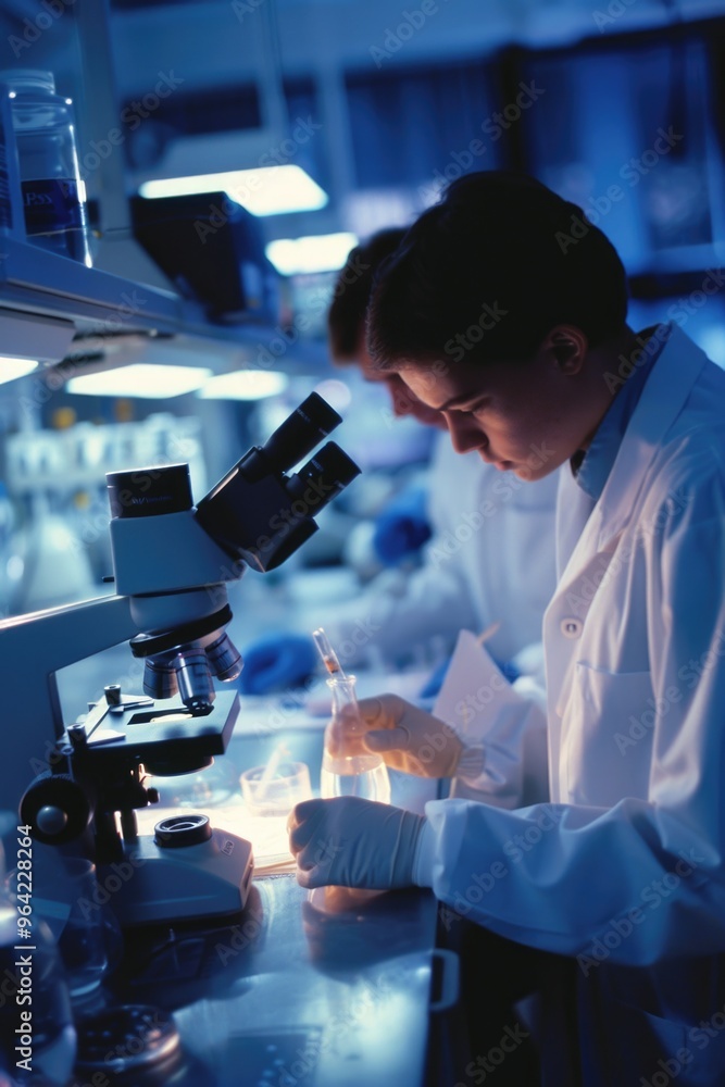 A woman in a lab coat is looking through a microscope. She is wearing gloves and a lab coat A woman in a lab coat is looking through a microscope. She is wearing gloves and a lab coat