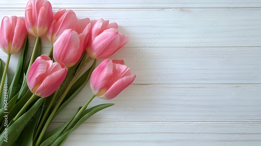 Bright Pink Tulip Bouquet on Rustic Wooden Background Bright Pink Tulip Bouquet on Rustic Wooden Background