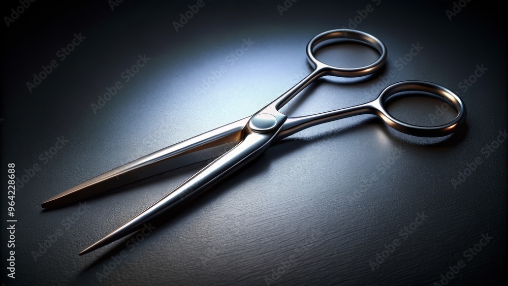 Highly detailed and realistic depiction of microsurgical scissors against a dark gray or black backdrop, with dramatic shadows and subtle highlights to emphasize the precision engineering Highly detailed and realistic depiction of microsurgical scissors against a dark gray or black backdrop, with dramatic shadows and subtle highlights to emphasize the precision engineering