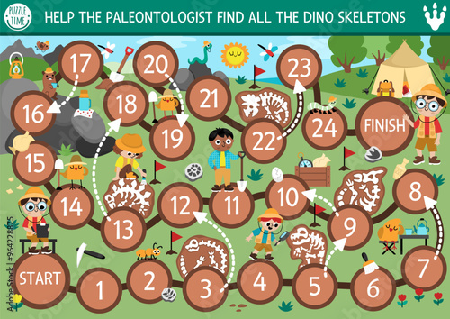 Dinosaur dice board game for children with cute paleontologists and dig landscape. Prehistoric boardgame with archaeologists kids, fossils, bones, camp tent. Dino land printable activity