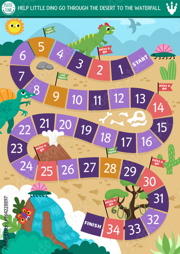 Dinosaur dice board game for children with cute animals and ancient world landscape. Prehistoric boardgame with little animal escaping raptors, bones, desert, skull. Dino land printable activity