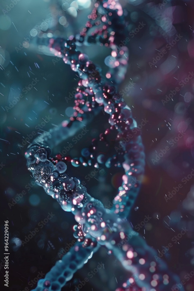 A close up of a DNA strand with many small beads. The beads are of different colors and sizes, and the strand is twisted and curled. Concept of complexity and intricacy A close up of a DNA strand with many small beads. The beads are of different colors and sizes, and the strand is twisted and curled. Concept of complexity and intricacy