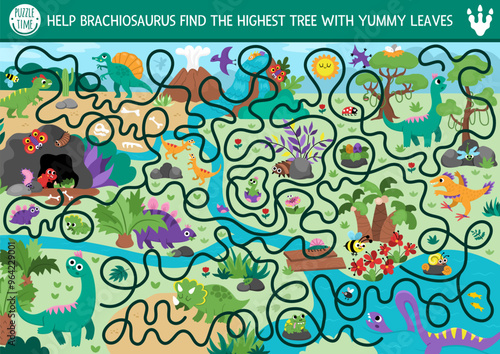 Dinosaur maze for kids with cute animals and ancient world landscape. Prehistoric preschool printable activity. Dino land labyrinth game, puzzle. Help brachiosaurus find tree with yummy leaves