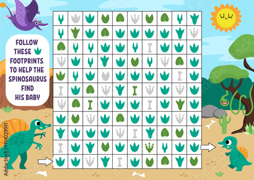 Dinosaur maze, seek and find game with dinos, desert. Attention skills puzzle. Prehistoric printable activity for kids. Logical searching puzzle. Follow footprints to help spinosaurus find baby