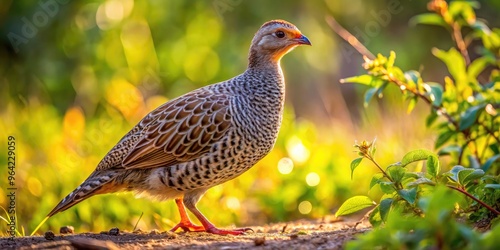 A Grey Francolin Bird Struts Through The Undergrowth, Its Speckled Plumage Providing Camouflage In The Dappled Light. photo