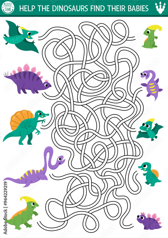 Fototapeta premium Dinosaur maze for kids with cute animals and their babies. Simple prehistoric preschool printable activity. Dino land labyrinth game, puzzle with stegosaur, pterosaur and their children