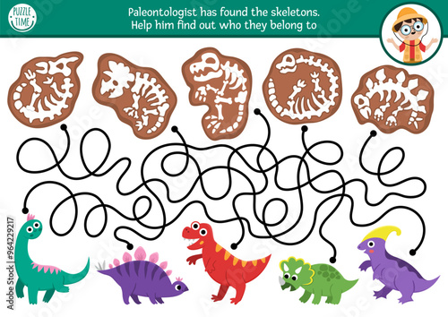 Dinosaur maze for kids with cute animals and their skeletons. Simple prehistoric preschool printable activity. Dino land labyrinth game, puzzle with paleontologist, T-rex, stegosaur, triceratops