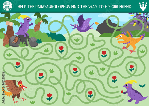 Dinosaur maze for kids with cute animals and ancient world landscape, pterosaur. Prehistoric preschool printable activity. Dino land labyrinth game, puzzle. Help parasaurolophus get to his girlfriend