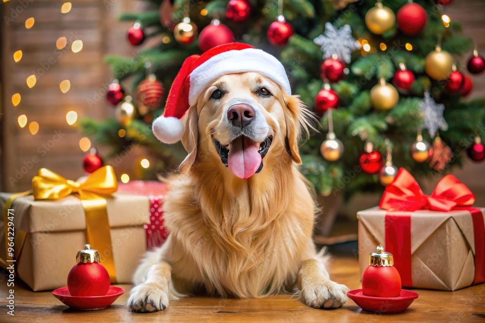 A Happy Golden Retriever Wearing A Santa Hat Is Surrounded By Christmas Presents And Decorations. A Happy Golden Retriever Wearing A Santa Hat Is Surrounded By Christmas Presents And Decorations.