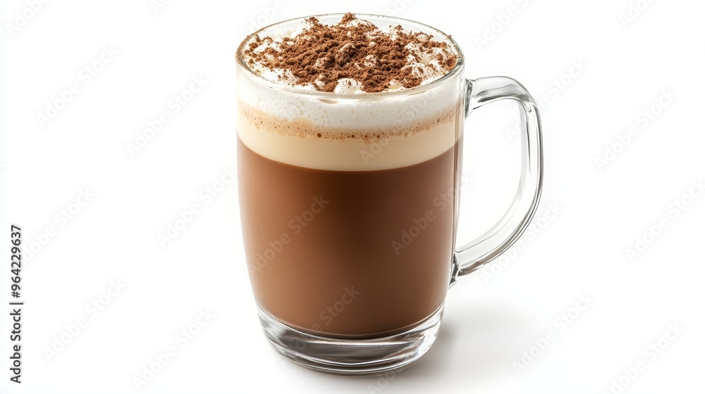 Espresso-based beverage featuring foamed milk and cocoa powder topping, presented in a double glass mug on a white background. Espresso-based beverage featuring foamed milk and cocoa powder topping, presented in a double glass mug on a white background.