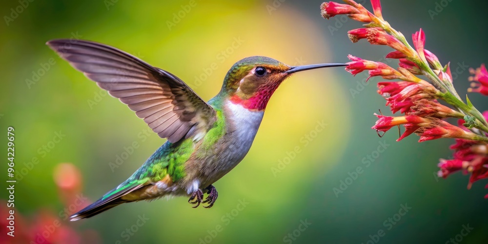 Fototapeta premium A Hummingbird Hovers Gracefully Before A Vibrant Bloom, Its Long Beak Reaching Towards The Nectar Within The Flower'S Delicate Petals.