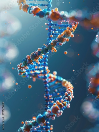 A colorful spiral of DNA with many different colored spheres. The image is abstract and has a sense of movement and energy