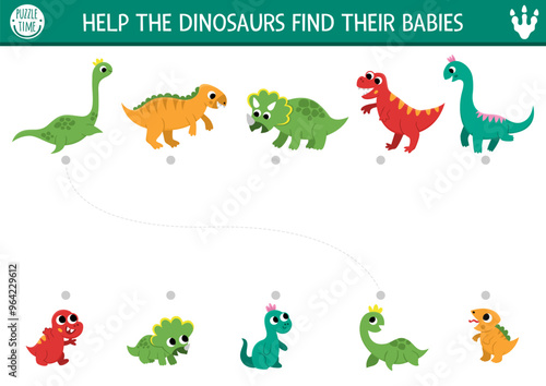 Dinosaur matching activity with cute animals and their babies. Prehistoric puzzle with T-rex, triceratops, plesiosaur. Match parent and child game. Dino land printable worksheet, match up page