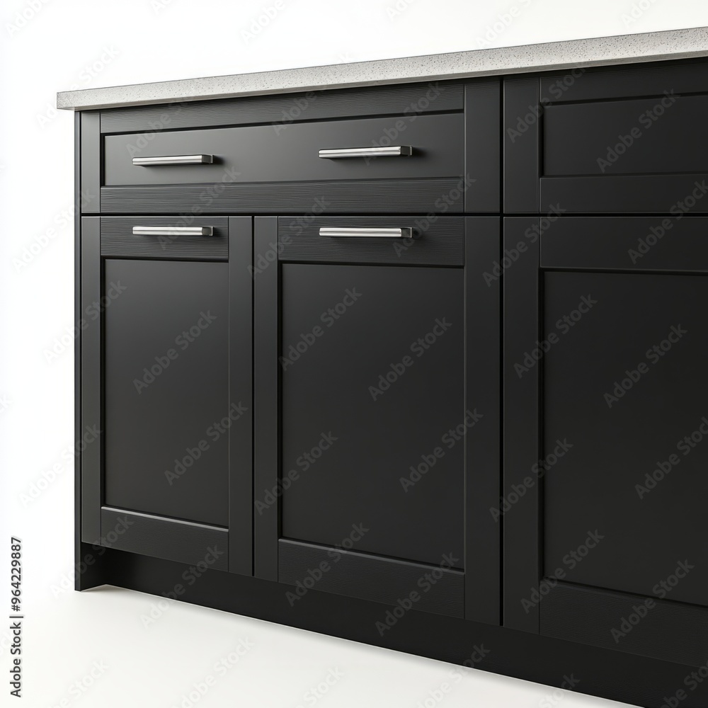 Matte Black Minimalist IKEA Kitchen Cabinet with Silver Handles - Isolated on White Matte Black Minimalist IKEA Kitchen Cabinet with Silver Handles - Isolated on White