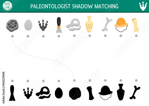 Dinosaur shadow matching activity with paleontologists objects. Prehistoric puzzle with archeologists attributes. Find correct silhouette printable worksheet or game for kids with bone, hat, egg
