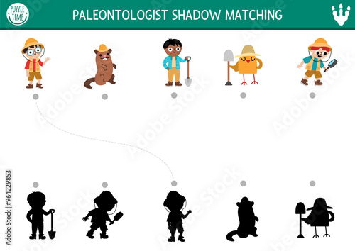 Dinosaur shadow matching activity with paleontologists. Prehistoric puzzle with archeologists. Find correct silhouette printable worksheet or game. Dino land page for kids with little scientists