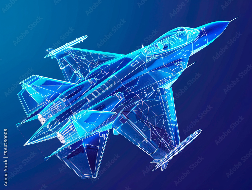Fighter jet visualization with augmented reality Transparent fighter jet in studio drawing in blue colors Fighter jet visualization with augmented reality Transparent fighter jet in studio drawing in blue colors