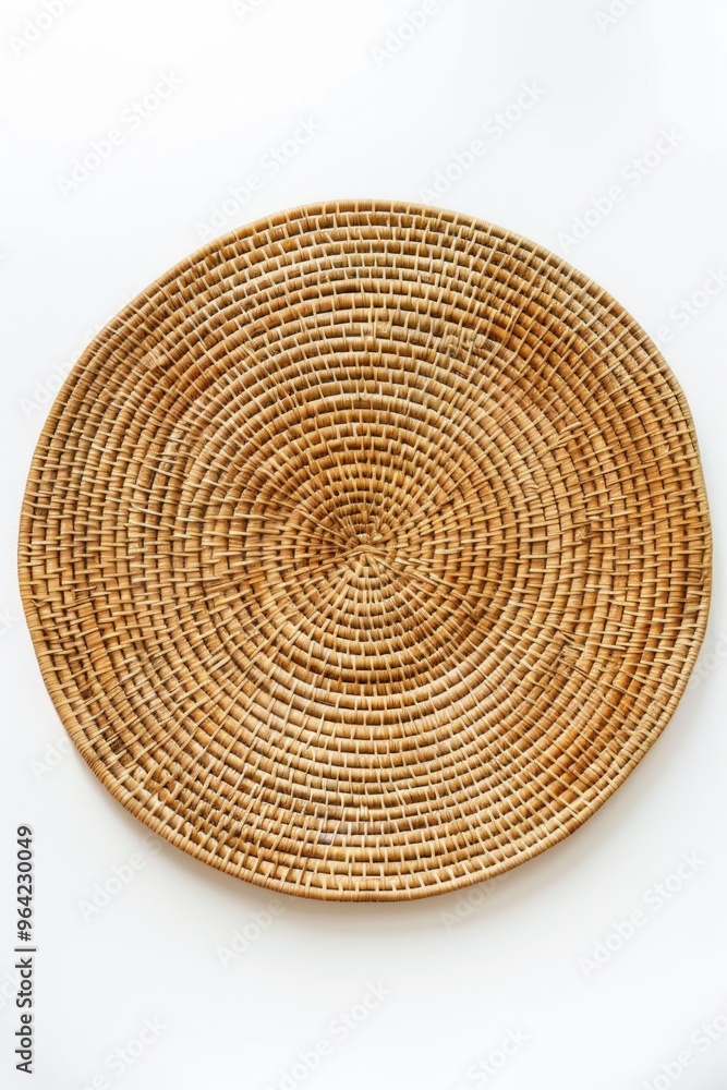 A round wooden plate with a brown color. The plate is made of straw and has a rustic look A round wooden plate with a brown color. The plate is made of straw and has a rustic look