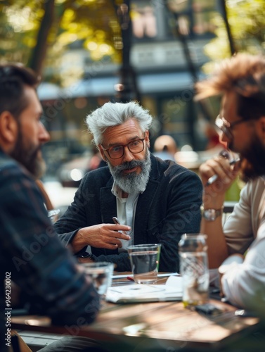 Three men sitting at a table, one of them is wearing glasses and has a beard. They are talking and drinking water