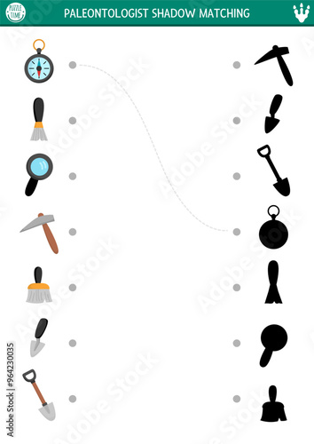 Dinosaur shadow matching activity with paleontologists objects. Prehistoric puzzle with archeologists attributes. Find correct silhouette printable worksheet, game for kids with spade, compass, brush
