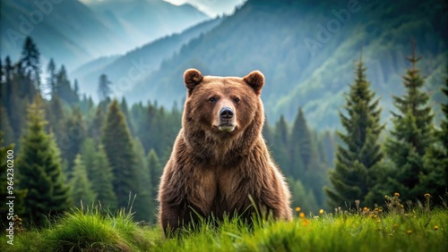 A Large Brown Bear Stands In A Lush Green Meadow, Its Dark Eyes Gazing Directly At The Camera, Surrounded By Towering Trees And Rolling Hills