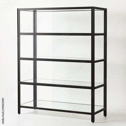 Modern Black Metal IKEA Bookshelf with Glass Shelves - White Background