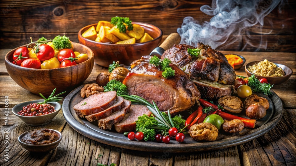 A lavish, overflowing plate piled high with a variety of savory dishes, including roast meats, steaming vegetables, and golden-brown sides, on a rustic wooden table. A lavish, overflowing plate piled high with a variety of savory dishes, including roast meats, steaming vegetables, and golden-brown sides, on a rustic wooden table.