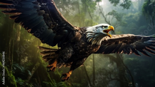 Fototapeta Naklejka Na Ścianę i Meble -  Bald eagle and rainforest jungle beautiful green background. Neural network ai generated art