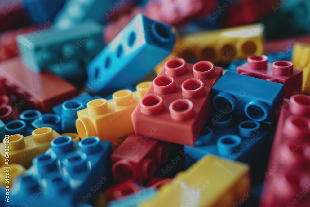 Naklejka premium A pile of colorful bricks with blue, red, and yellow pieces. Concept of playfulness and creativity, as scattered in various shapes and sizes