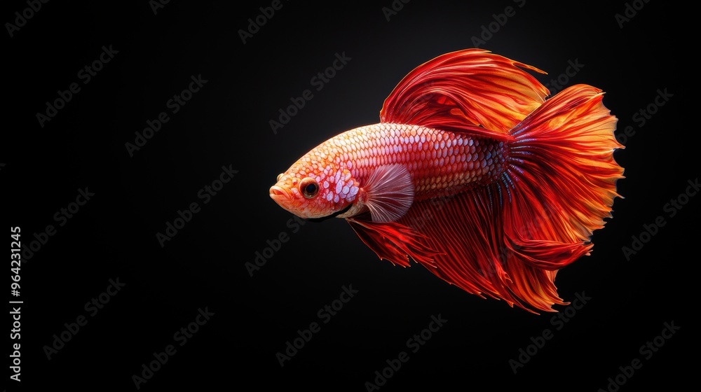 Elegant modern creation featuring graceful ruby red and bright golden betta fish with delicate metallic shimmer on rich black background, professional decor for elegant interior. Realistic photograph, Elegant modern creation featuring graceful ruby red and bright golden betta fish with delicate metallic shimmer on rich black background, professional decor for elegant interior. Realistic photograph,