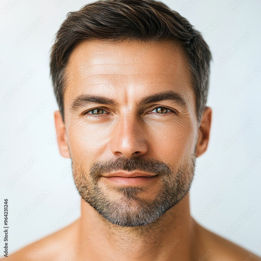 Obraz premium Radiant Young Man: 35 Year Old with Clear Skin, Isolated on White Background