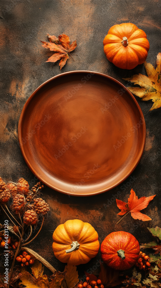 Thanksgiving vibes. Rich brown clay plate with pumpkins and fall leaves. Halloween craft. Top view. Generative AI