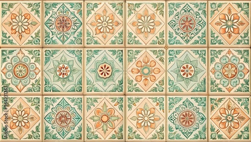 Retro background with ceramic-inspired tiles in pastel colors and intricate patterns