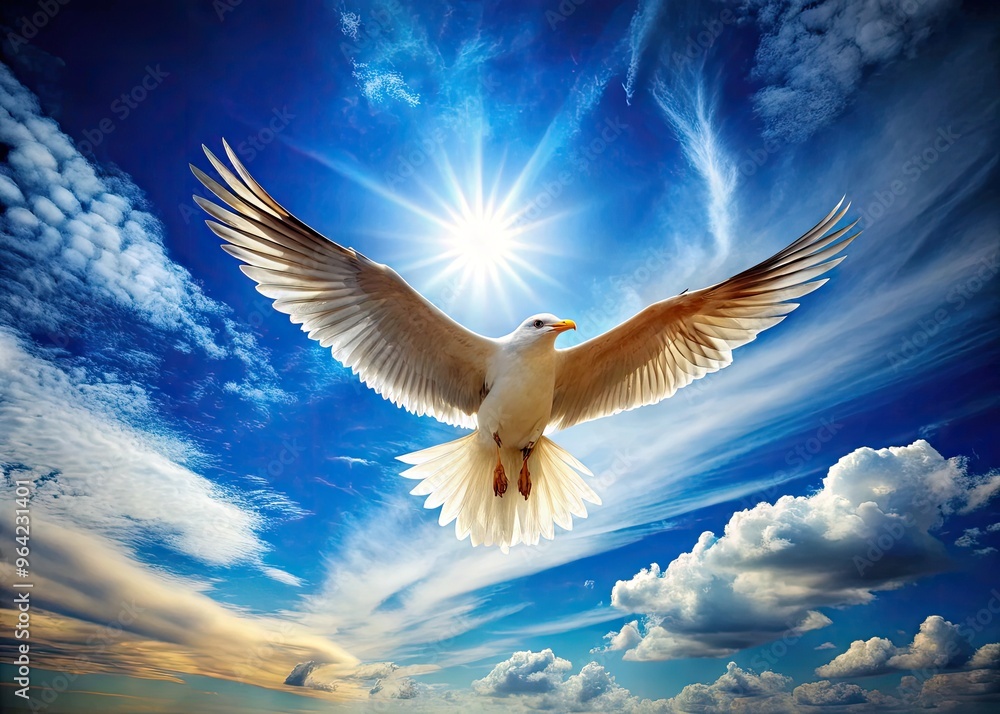 Obraz premium A majestic bird in outline form spreads its wings, soaring through a bright blue sky with wispy clouds, conveying freedom and effortless flight.