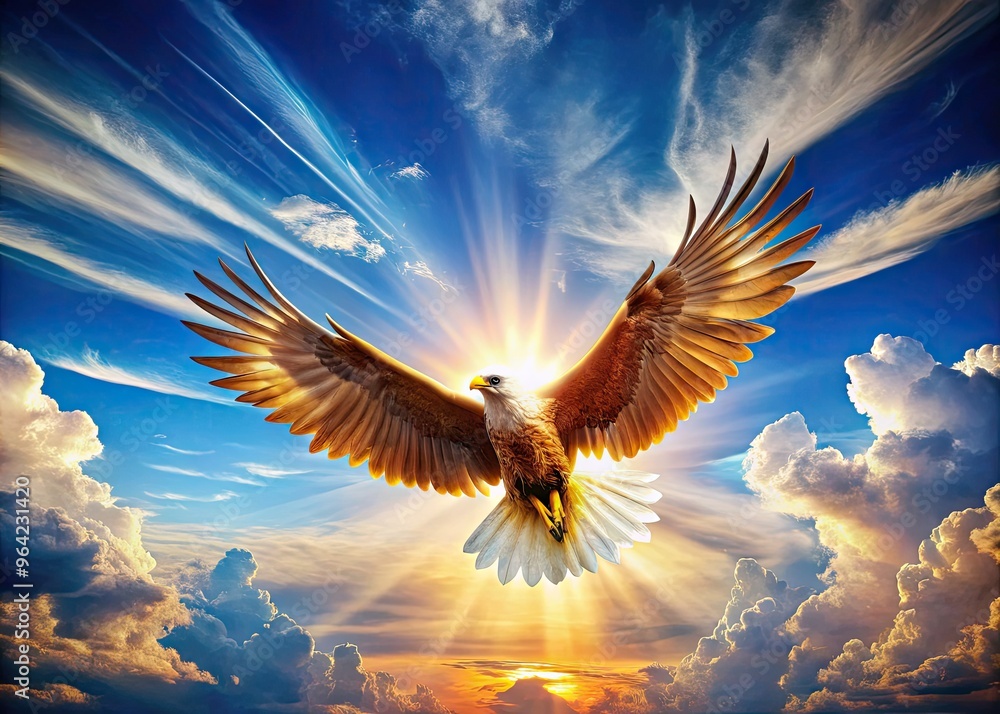 Obraz premium A majestic bird spreads its vibrant wings, soaring upwards into a bright blue sky with fluffy white clouds, surrounded by warm golden sunlight.