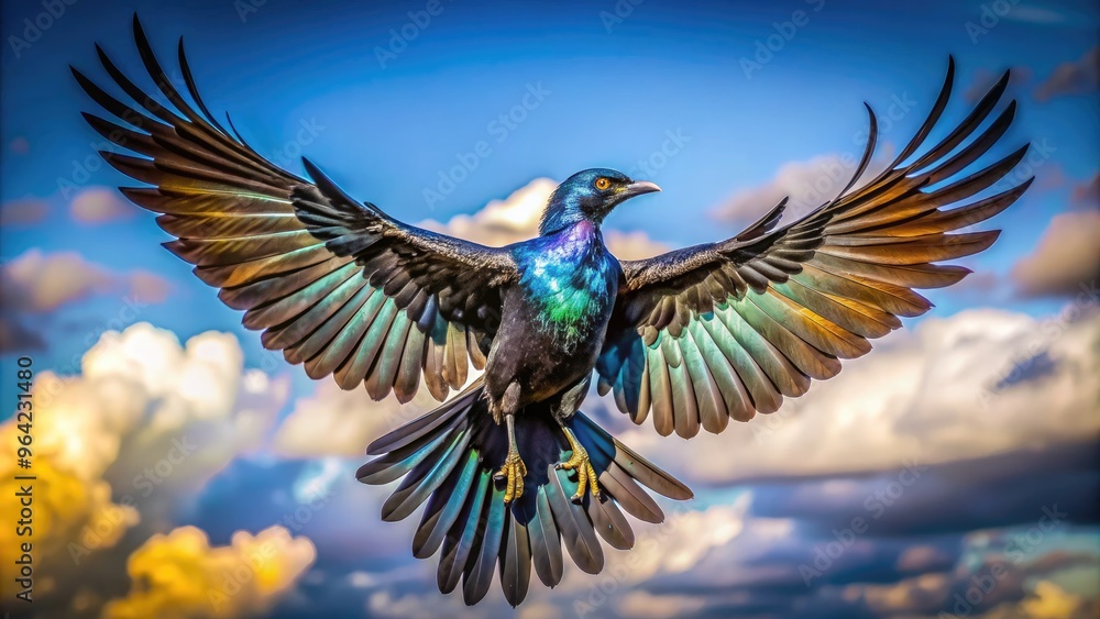 Obraz premium A Majestic Black Bird With Iridescent Feathers Glides Elegantly Through The Open Sky, Its Wings Outstretched In A Graceful Arc.